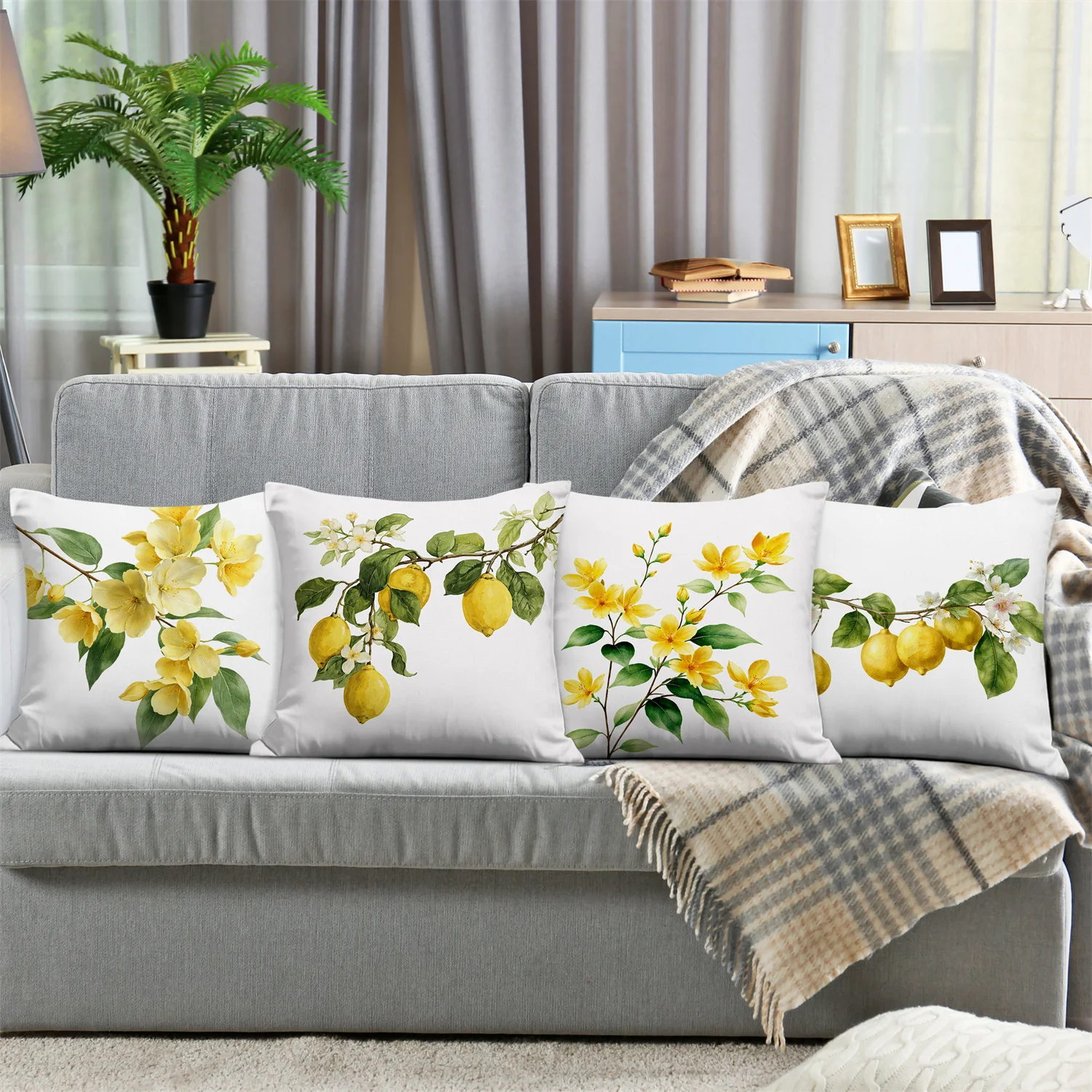 Fresh Farmhouse Pillow Covers, Lemon & Yellow Floral Pattern Decorative Throw Pillow Cases, Cheerful Home Decor Cushion Covers