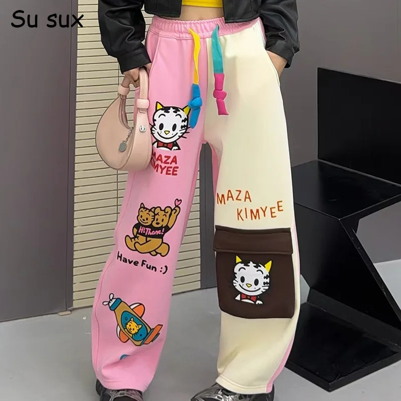 Novo inverno velo dos desenhos animados impressão retalhos calças de grandes dimensões mulher manter quente japonês coreano moda casual bolso calça streetwear