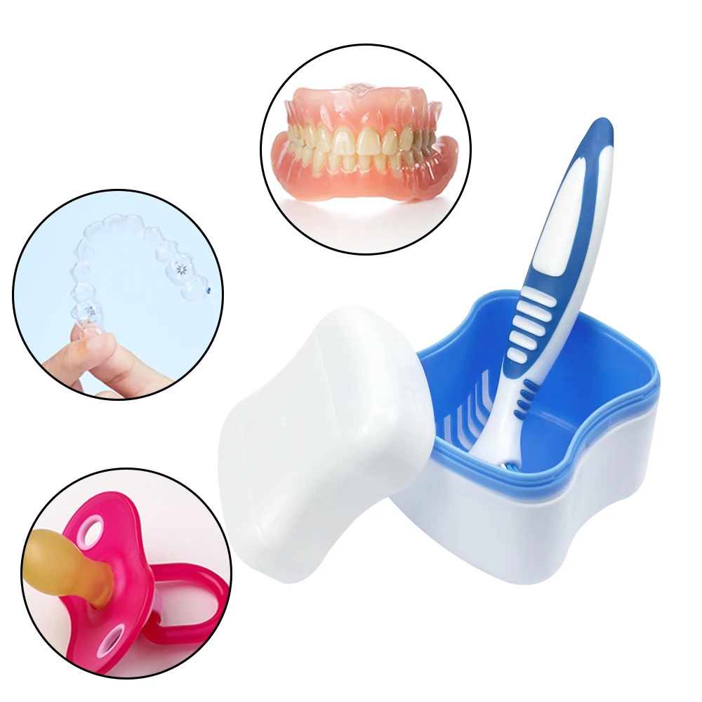 Oral Denture Care Bath Box False Teeth Cleaning Nursing with Hanging Net Container Cleaning False Dental Retainer Box