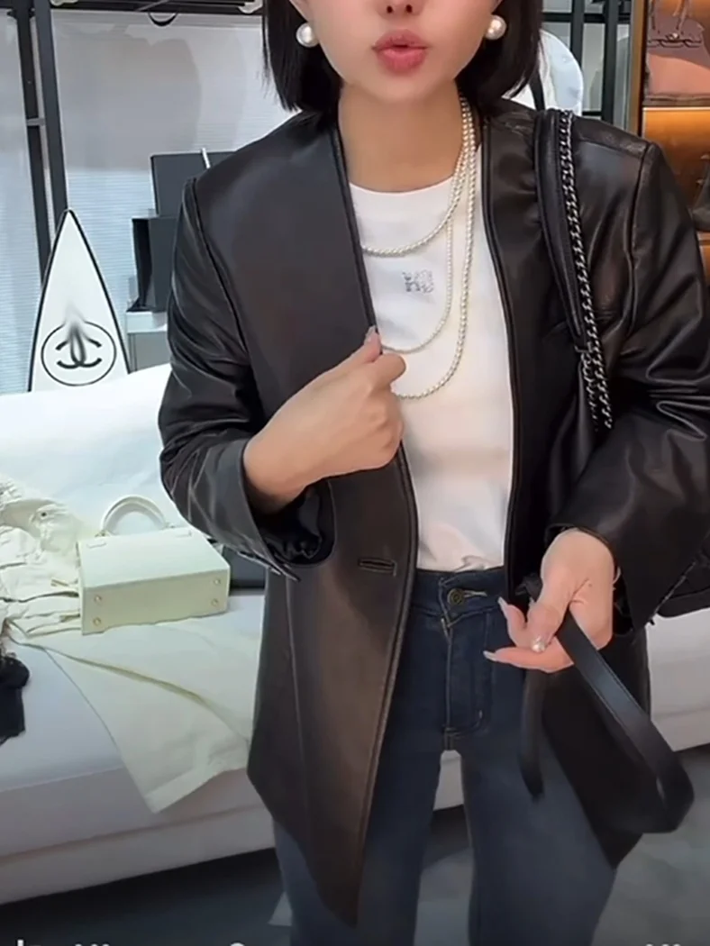 Moda couro real v-ne simples feminino comprimento médio eepskin casual jaet europeu sle casaco de couro de um botão