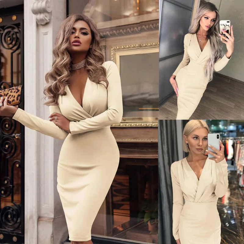 2023 Mode Frauen Sommer Langarm Bandage Stretch Bodycon schlichte tiefe V Abend party kurzes Kleid beige schwarz grün rot heiß