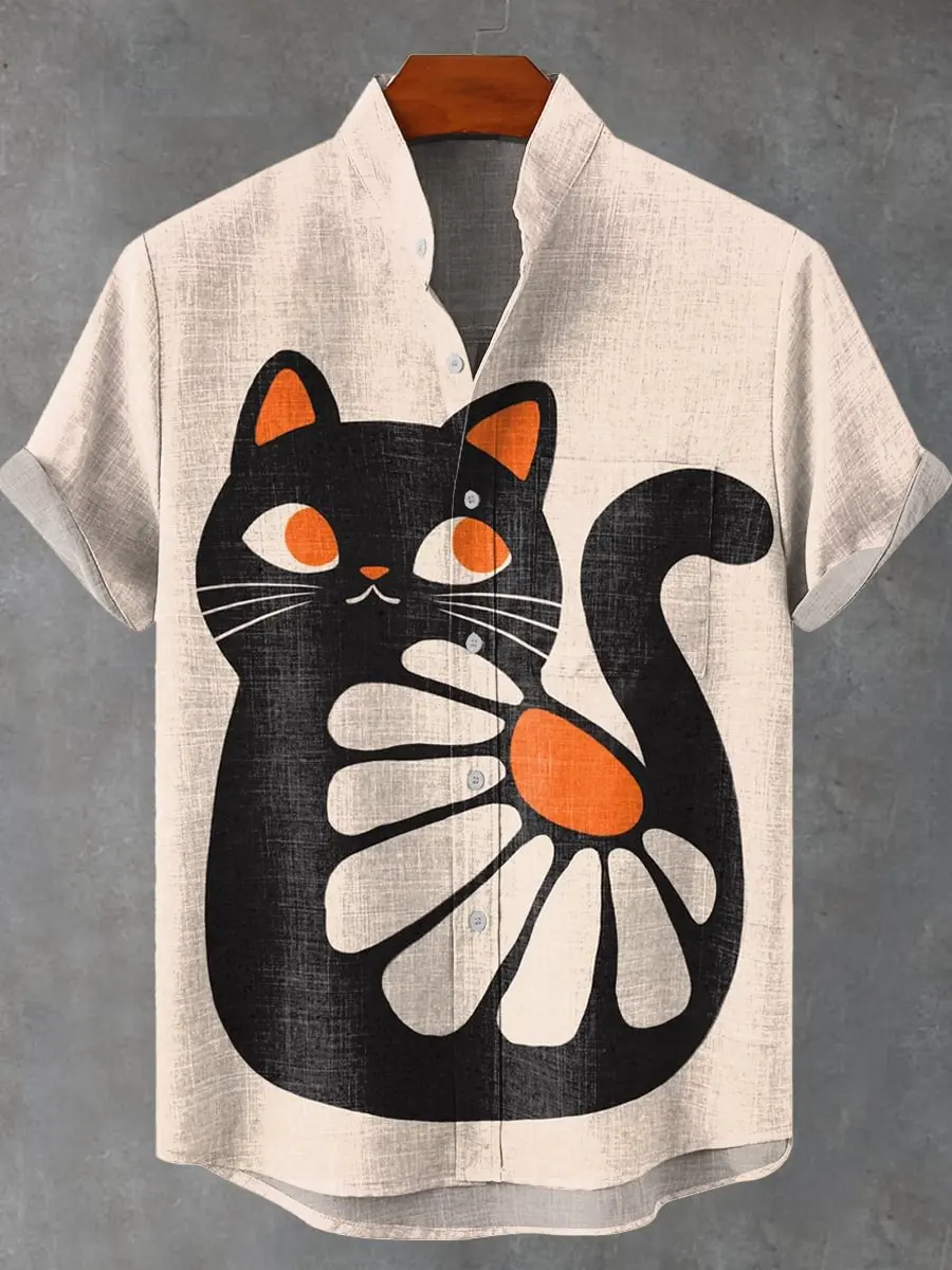 

Men's summer casual fashion cute cat style patterned linen short sleeved shirt with high-quality button up top