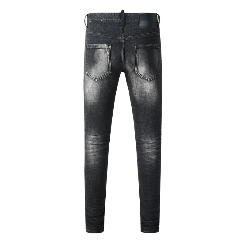 Men Black‑Grey Vintage Gradient Washed Letter Patch Ripped Skinny Jeans, Distressed Faded Denim Pants, Mid‑Waist Stretch Slim‑Fi