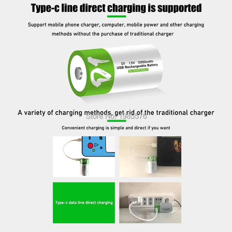 Batería recargable de iones de litio, 1,5 V, 12000mWh, tamaño D, USB, tipo D, para linterna, calentador de agua, etc.