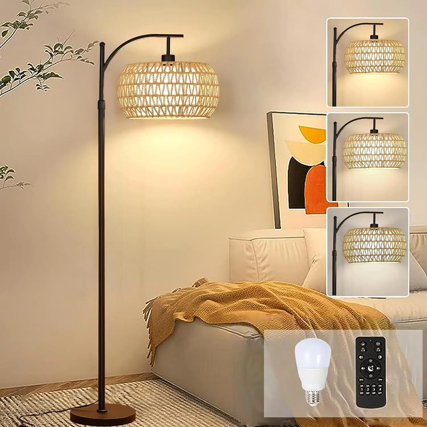 Black BohoStyle RattanWicker ArcShape Tall Standing Floor Lamp, RemoteControl Dimmable LED Light, 3 ColorTemperature Modes, Corner Lamp for LivingRoom & Bedroom