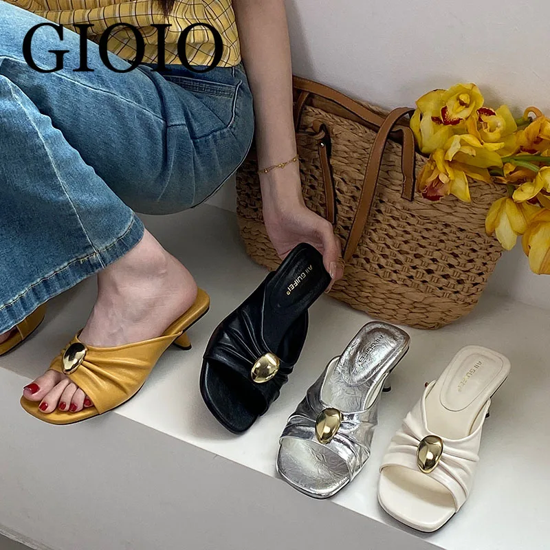 

Женские босоножки GIOIO на квадратном каблуке, 5 см, новые летние модные туфли-мюли с металлическим декором