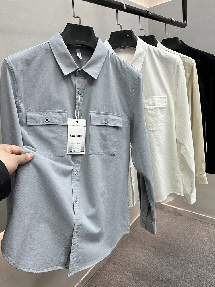 

00% Cotton Men's Spring Casual irt Long Sve ket Design Faionable Pure Color Breathable Comfortable Stand Fit