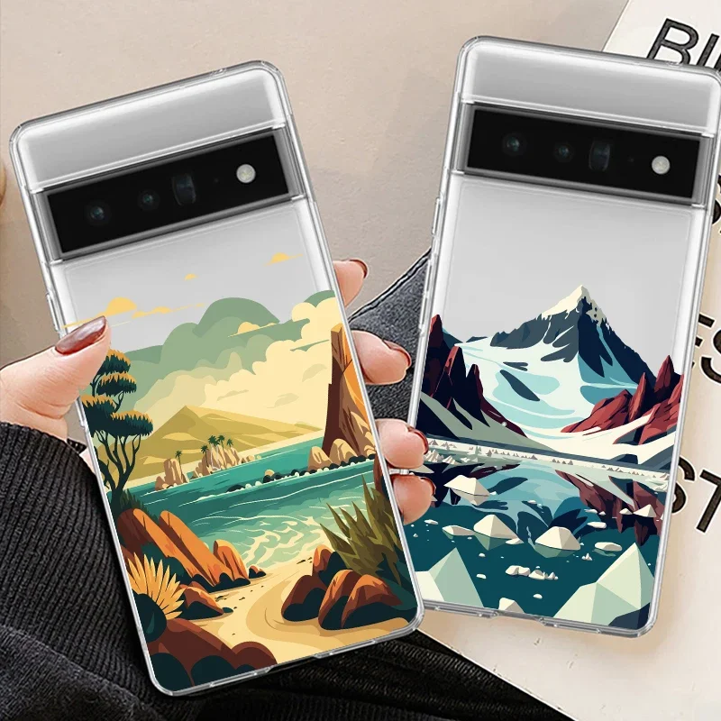 Aesthetic Art Hand Painted Mountain Scenery Phone Case for Google Pixel 7a 7Pro 7 6a 6 6 Pro 8 Transaprent Soft Clear Funda Skin