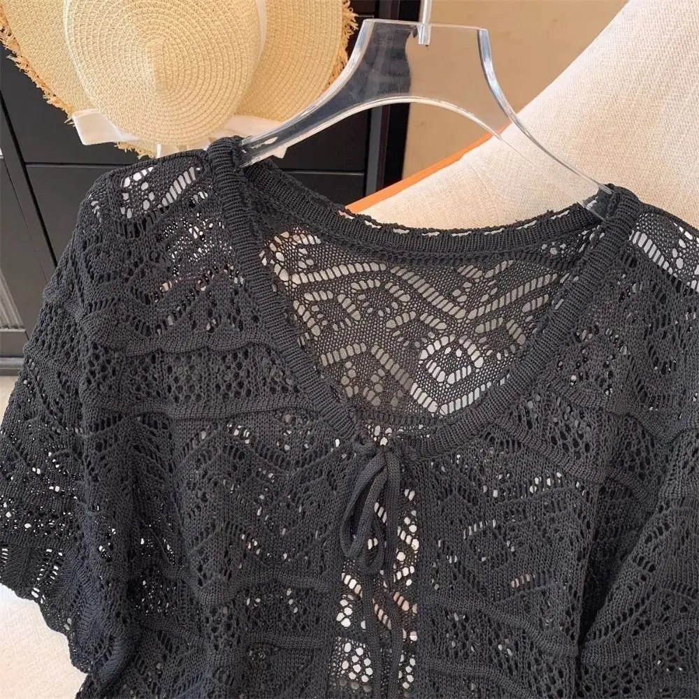 New Flower Knitted Cardigan Hollow Out Thin Short Sleeve Shawl Casual V-Neck Outwear Women