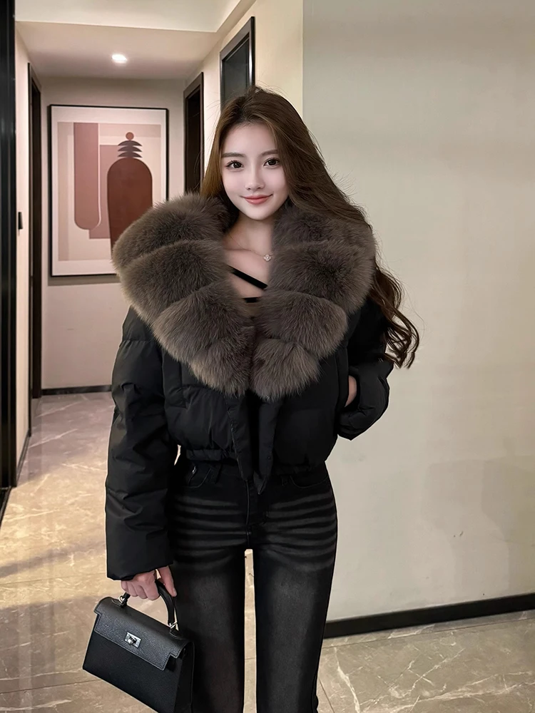 

Winter Natural Large Fur Collar Short Down Jacket Women White Duck Down Single Buckle Casual Outwears Female Warm Thicken Jacket
