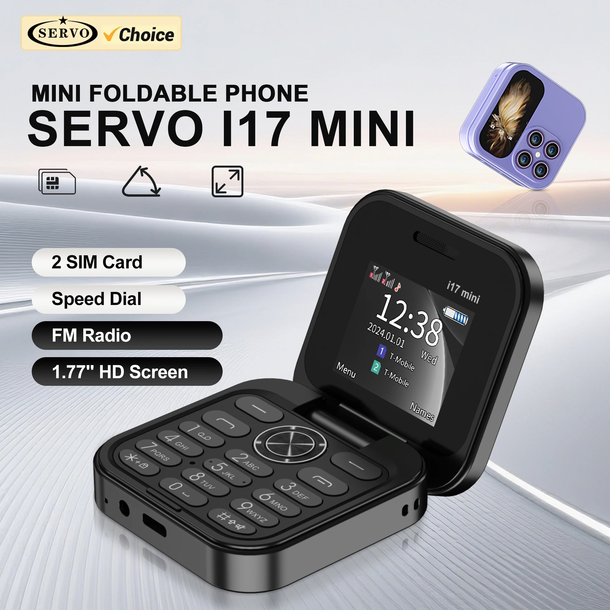 SERVO i17 Mini Flip Mobile Phone Magic Voice Flashlight Blacklist FM Radio 1.77‘’ Screen Small Foldable Cellphones 2 SIM Standby