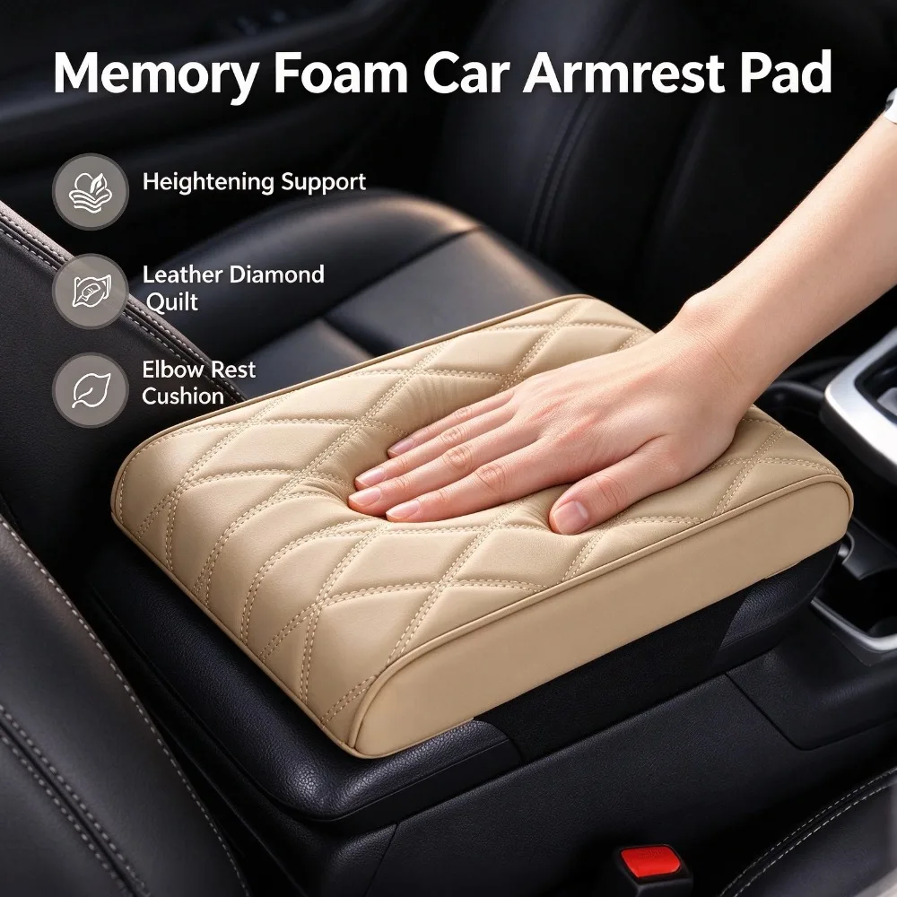 Car Memory Foam Armrest Mat Center Console Heightening Pad Leather Elbow Support Cushion Armrests Storage Box Protection Cover