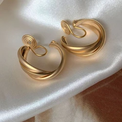 Matte Texture Cross-grain Mosquito Coil Ear Clip Autumn and Winter Vintage Gold Color Round Clip on Earrings Without Piercing