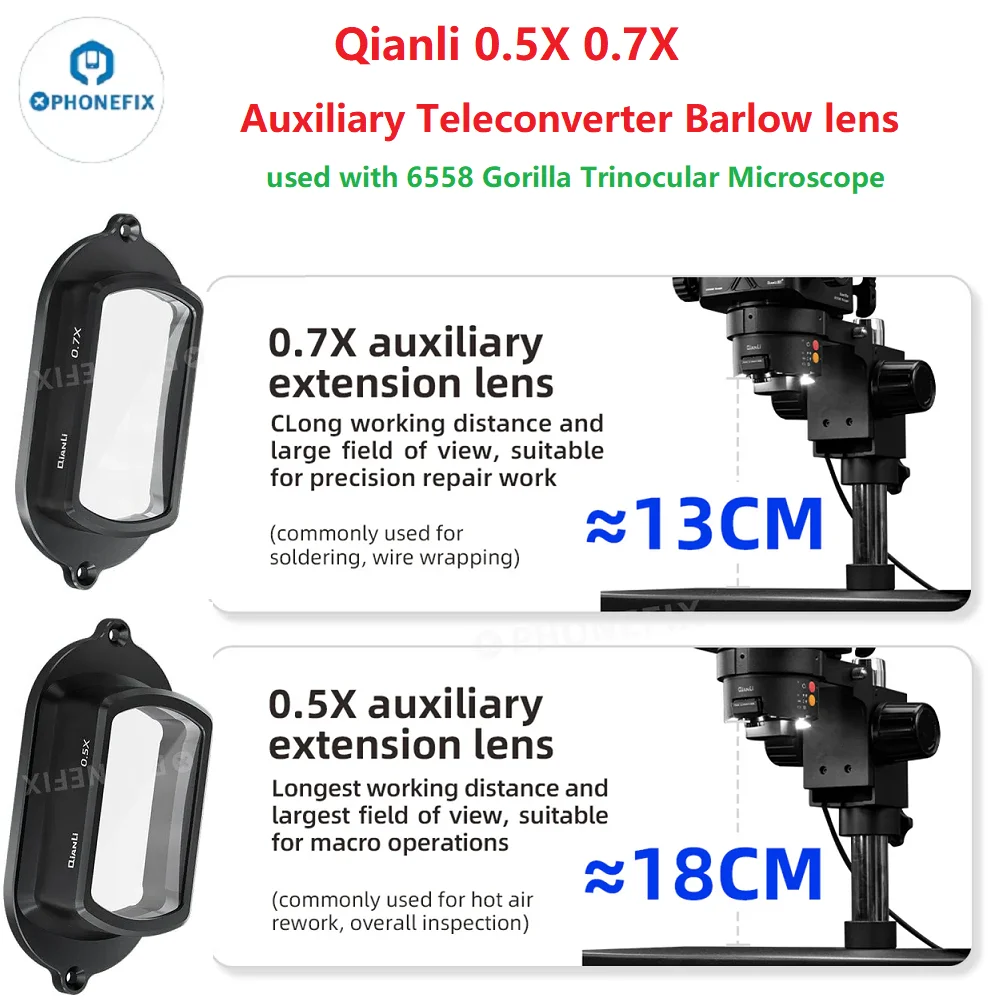 Qianli 0.5X 0.7X Auxiliary Teleconverter Barlow Lens Used with Gorilla 6558 Trinocular Microscope for Phone Electronic Repair