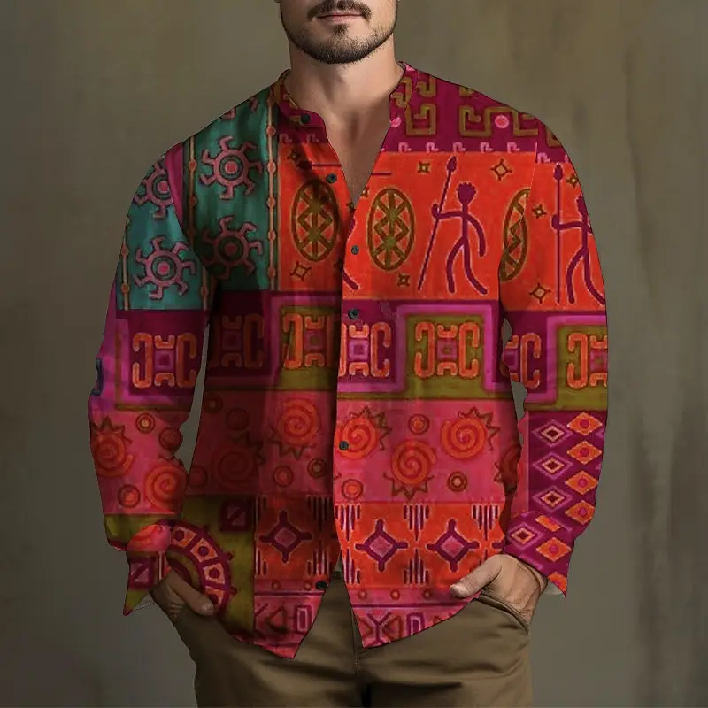 Ethnic Retro Tribal Men\'s Shirt Daily Wear Weekend Four Seasons Lapel Long Sleeve Red Orange S-6XL Four-Way Stretch