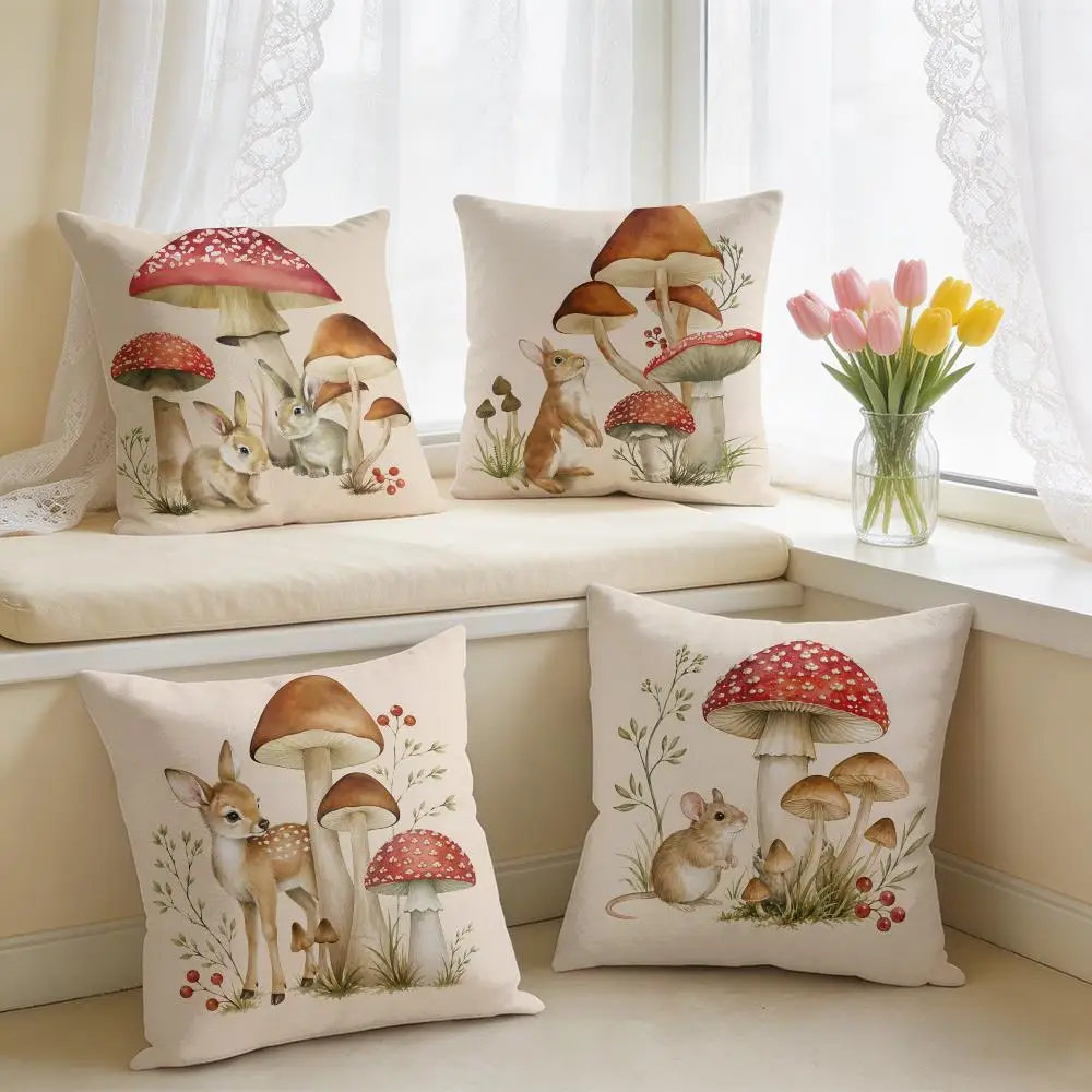 Whimsy Bunny Mushrooms Cushion Cover Silky Short Plush Invisible Zipper Dustproof Sofa Pillow Case for Home Decor