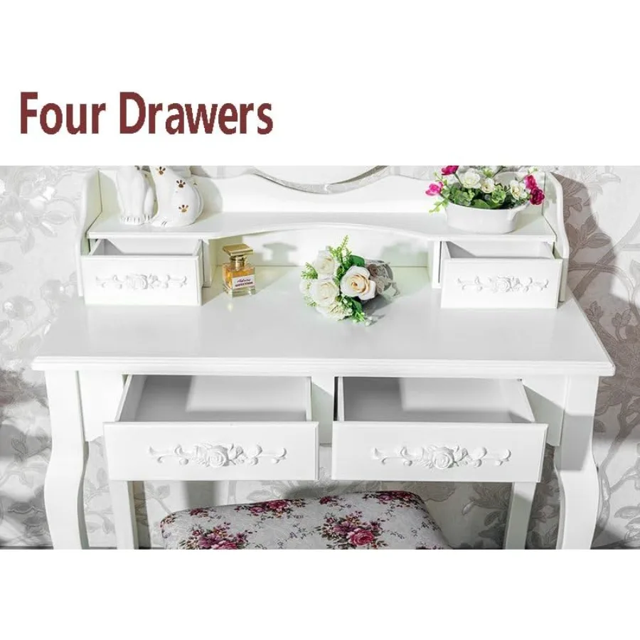 مجموعة طاولة مكياج مكونة من 4 أدراج مع مقعد مرآة بيضاوي وطاولة تزيين خشبية لغرفة النوم باللون الأبيض #4