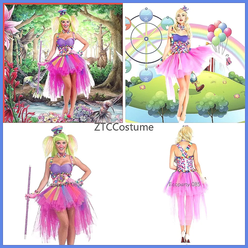 

Circus Clown Cosplay Costume Set Classic Candy Color Dress Carnival Party Performance Clothing
