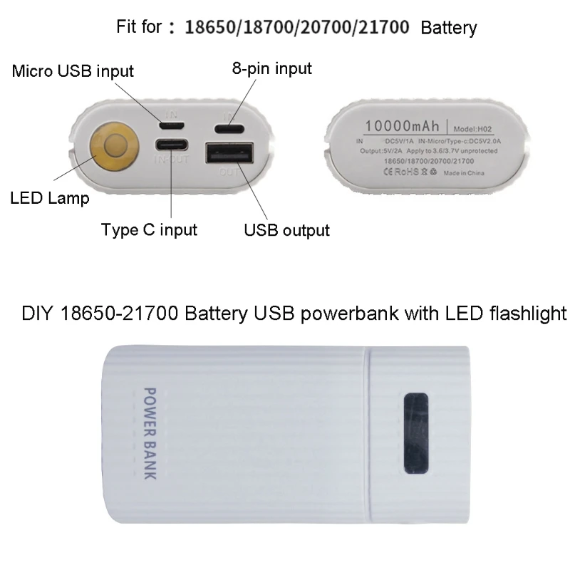 3-Port Input DIY for Shell with LED Flashlight 5V 2x 21700 for Case Battery Storage Box Without