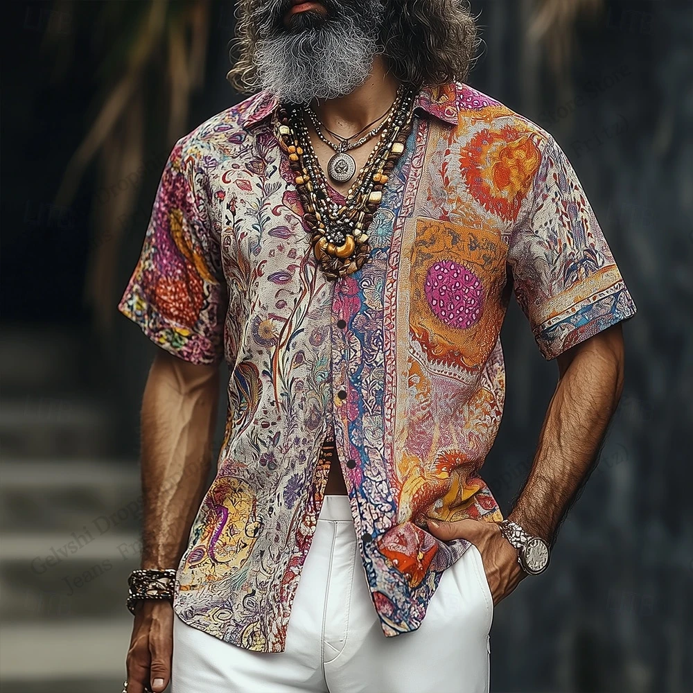 Fashion Men Summer Hawaiian Shirt Floral Indian Boho 3d Print Shirt Short Sleeve Button-Up Beach Shirt Women Blouse Men Clothing