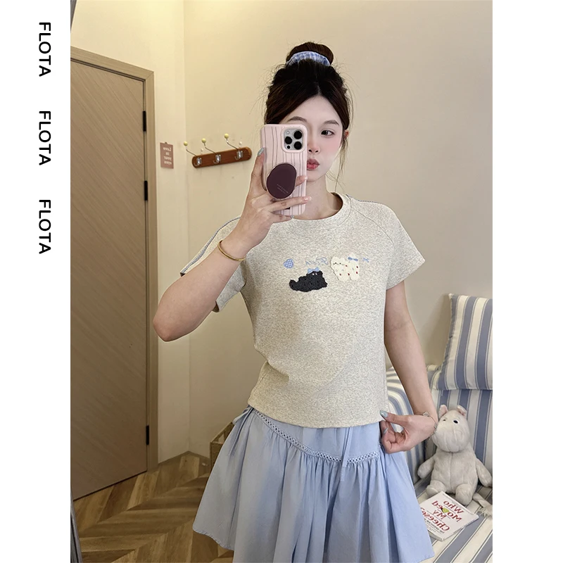 Flota Flocking - Top corto de verano para mujer, estilo coreano, con estampado de dibujos animados, patchwork, rayas, manga corta, estilo coreano
