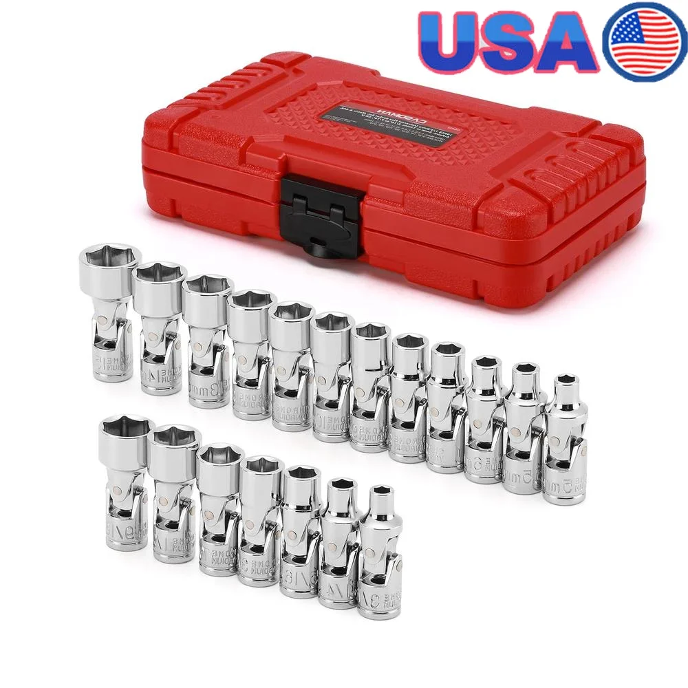 19PCS Universal Joint Socket Set Chrome-Vanadium Metric SAE Flex Wobble Drive Kit