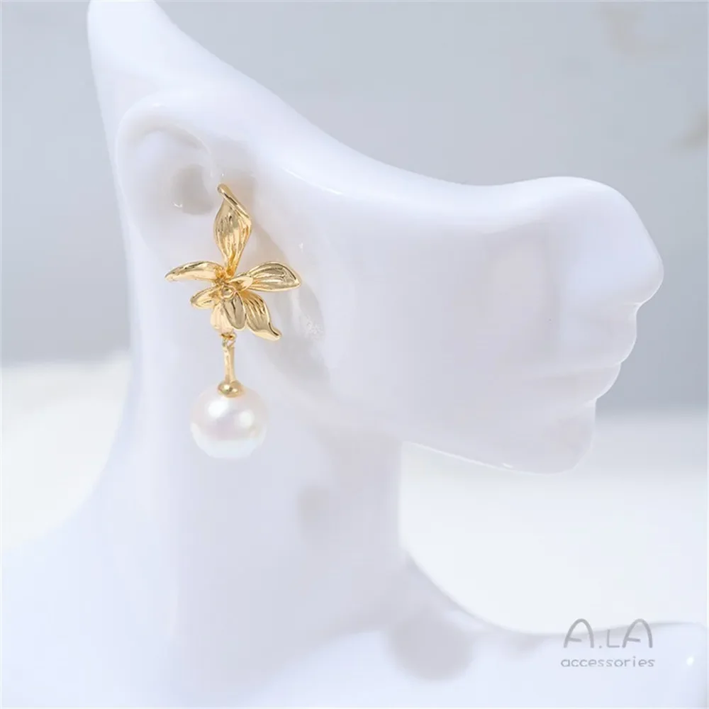 14K Gold-wrapped Iris Water Drop Bead Holder Flower Stud Earrings Handmade Silver Needle DIY Earrings Ear Jewelry Accessories
