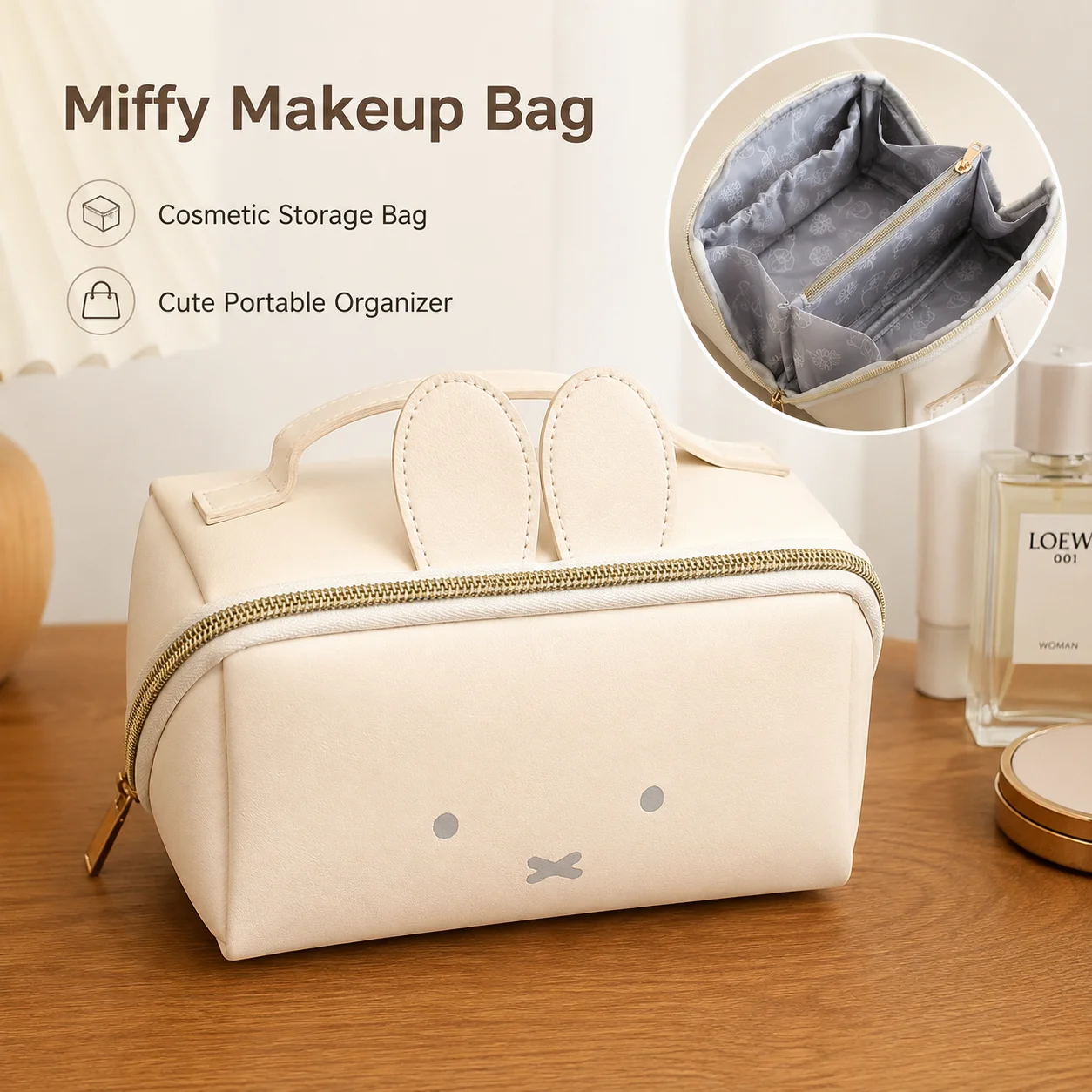 Cute Miffy Rabbit Makeup Bag Kawaii Portable Large Capacity Cosmetic Organizer Bag Multi Compartment Travel Wash Bag