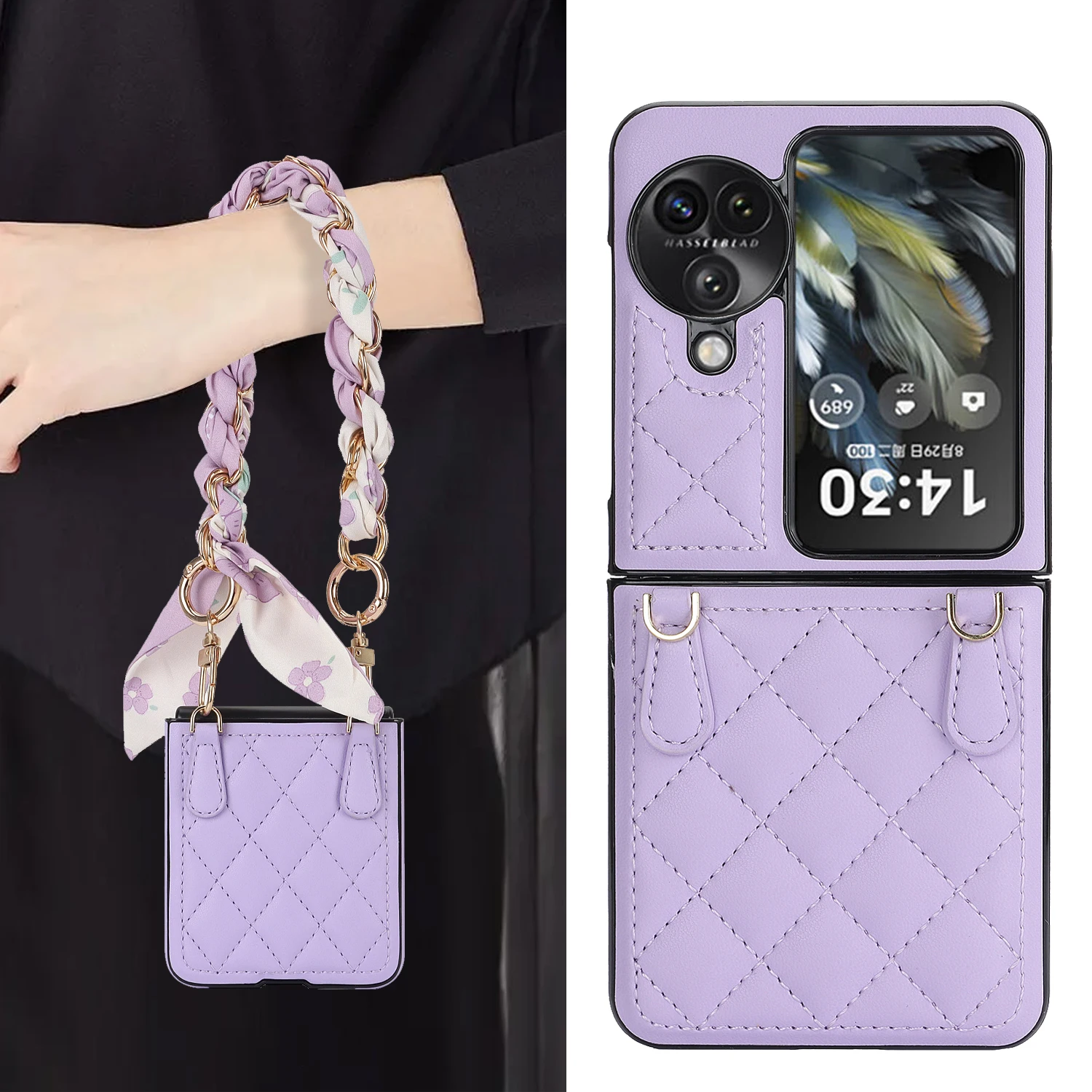 Luxury Leather Wrist Strap Phone Case for OPPO Find N2 N3 Flip with Protection Shockproof Adjustable Lanyard Cover Woman