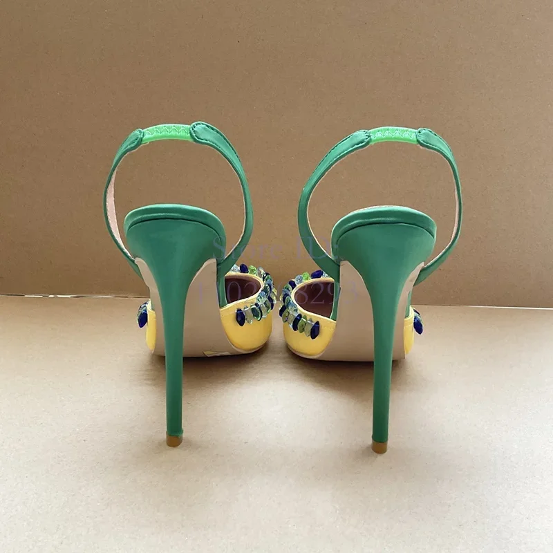 Crystal Pointed Toe Thin High Heels Pumps Satin Yellow Elegant Stilettos Sandals Slip-on 2025 Women Summer Vintage Dress Shoes