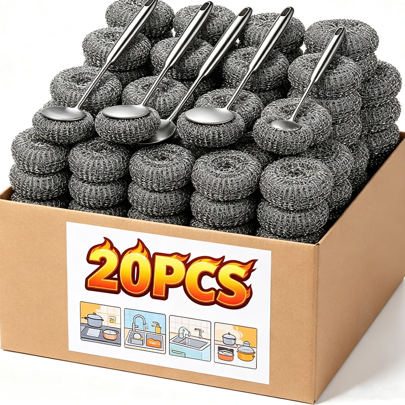 1/20x Steel Wool Scrubber with Handle Stainless Steel Pan Cleaner Scrubber with Long Short Handle Cleaning Replaceable Wire Ball