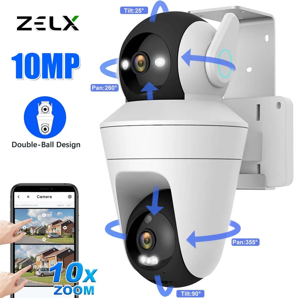 10MP HD WiFi PTZ Camera 10X Zoom Outdoor Dual Lens Dual Screen Home Security IP Cam AI Auto Tracking 5K Video Surveillance CCTV