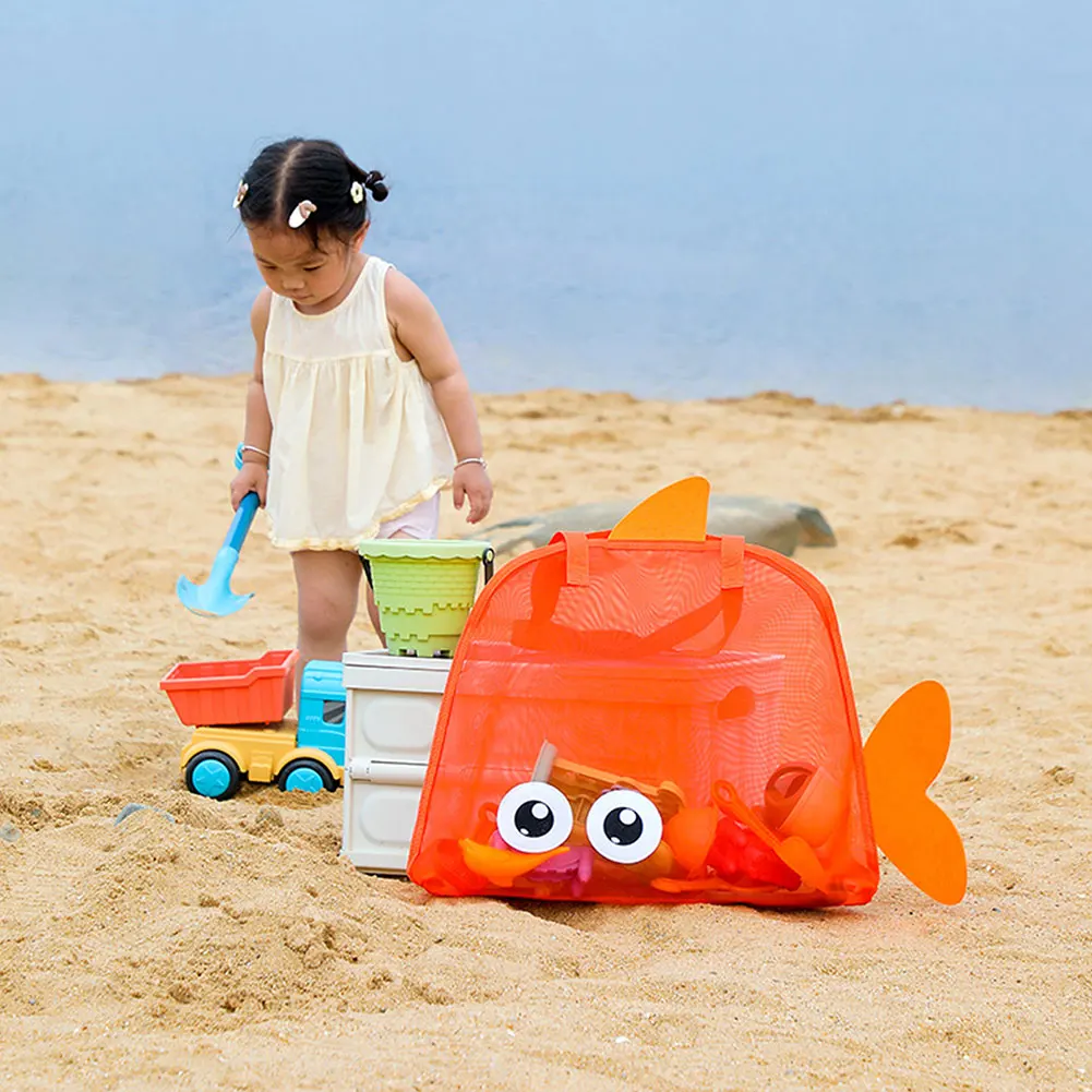 Fish Shaped Outdoor Beach Bags Storage Toy Tote Large Capacity Sand-Sifting Mesh Fabric Quick-Drying Lightweight Summer Geared
