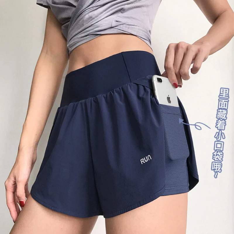 

Summer Slim Yoga Shorts New Shorts High Waist Solid Color Loose with Pocket Quick-drying Running Fake Two Pieces Fitness Shorts