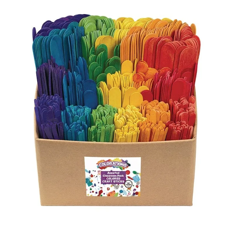 

Colorations Assorted Sizes Colored Wood Craft Sticks Tongue Depressors, Popsicle Sticks, 6 Color, 1200 Piece Classroom Pack