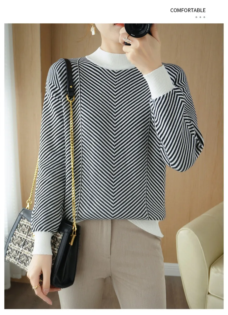 Women's autumn and winter 100% pure cotton knitted semi high neck pullover casual striped warm sweater fashionable hot selling