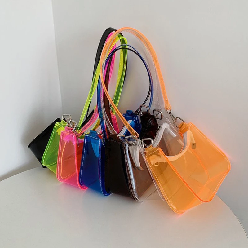 Fashion Vintage Ladies Jelly Solid Color Clear Underarm Bag Casual Handbags Purse For Women Girls Fashion Shoulder Bag