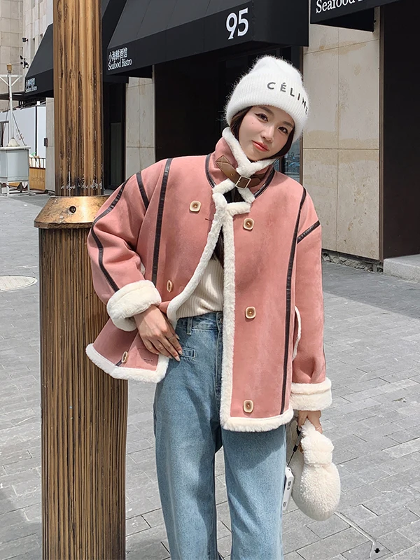 

Женское утепленное пальто из овчины, теплое, повседневное, двубортное, с длинными рукавами и карманами, осенне-зимняя новинка