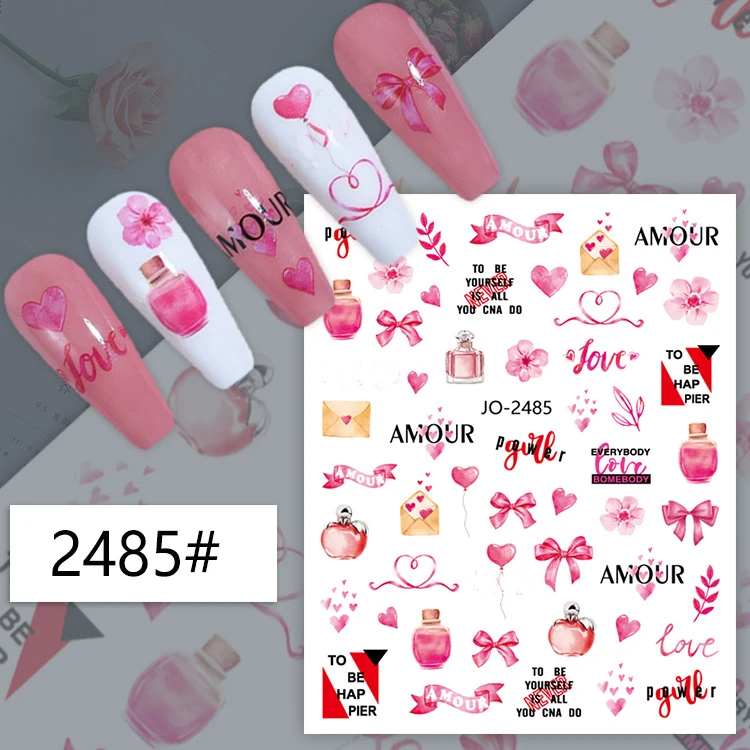 Décalcomanies 3D pour Nail Art, Autocollants pour Ongles, Lignes Géométriques, Leon Red, Coeurs d'Amour, Lettres, Curseur, Décoration pour Manucure