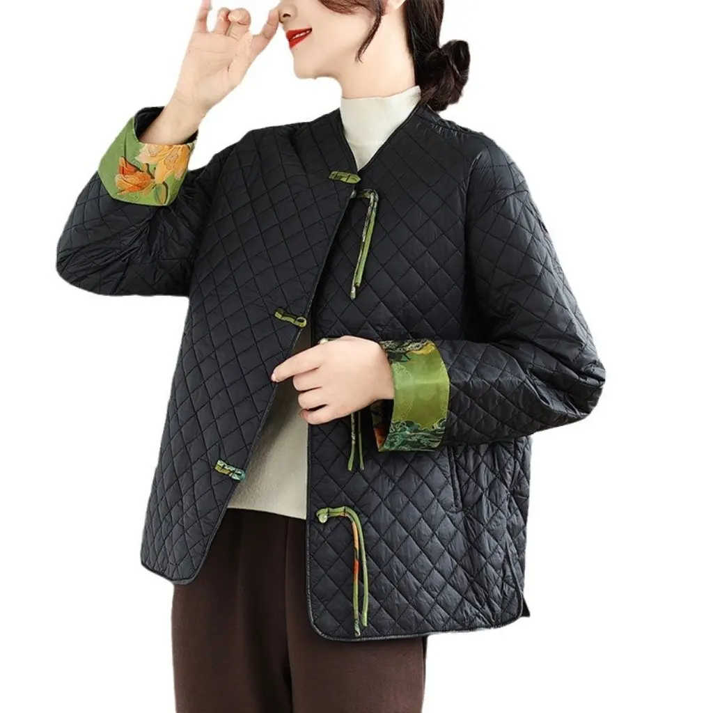 

Winter Chinoiserie Casual Retro Jacket for Women with Buckle Ethnic Style Contrasting Color Diamond Pattern Slit down Coat