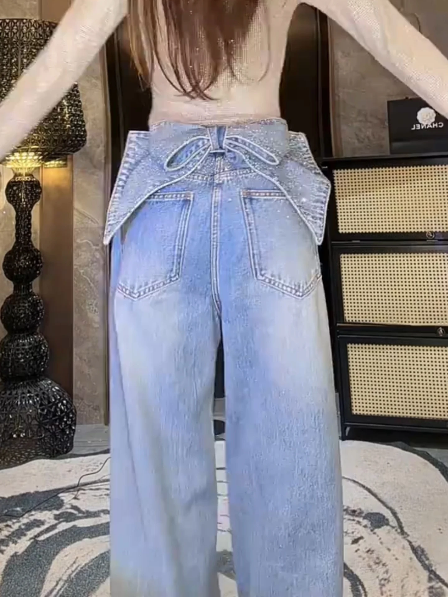 

Корейские джинсы с богатой отделкой и узлами, женские, весна 2026, люксовая мода, свободные прямые широкие брюки