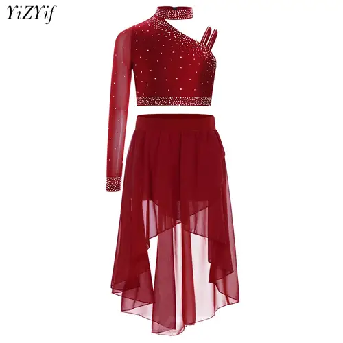 Traje de baile lírico para niñas, conjunto de falda y Tops de danza moderna con diamantes de imitación brillantes, vestidos de patinaje artístico, trajes de actuación