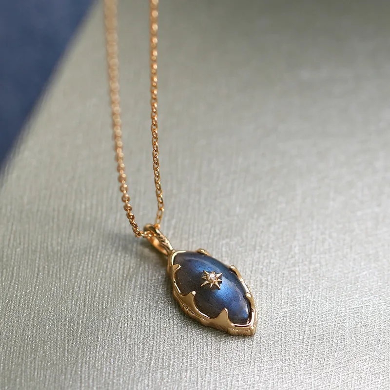 LAMOON Retro Style Bijou Pendant Necklace For Women Natural Dark Grey Labradorite 925 Sterling Silver Gold Vermeil Fine Jewelry