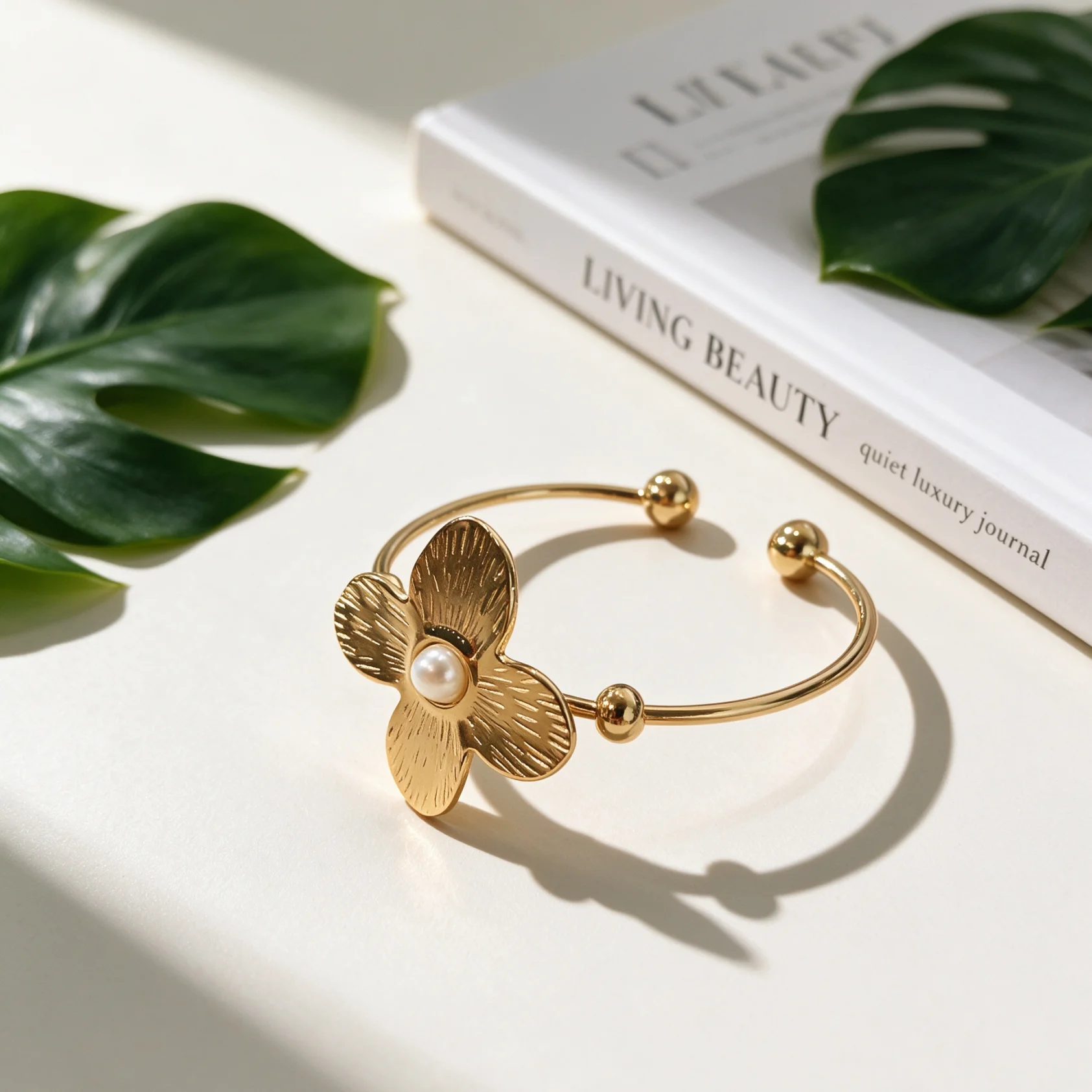 1 Piece Light Luxury French Style Stainless Steel Embossed Flower Imitation Pearl Open Cuff Bangle For Women Dating Travel Wear