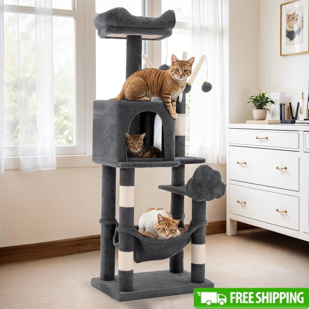 

Multi-Level Cat Tree Tower 44in Indoor Cat Condo with Scratch Posts Hammock Plush Velvet Scratching Posts Cozy Playground