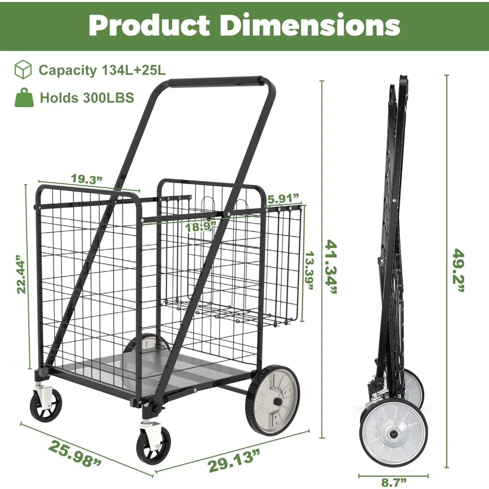 Robuster zusammenklappbarer Einkaufswagen für Lebensmittel – großes Fassungsvermögen mit 360° °   Schwenkräder, Hinterräder aus Metall, wasserdichtes Design