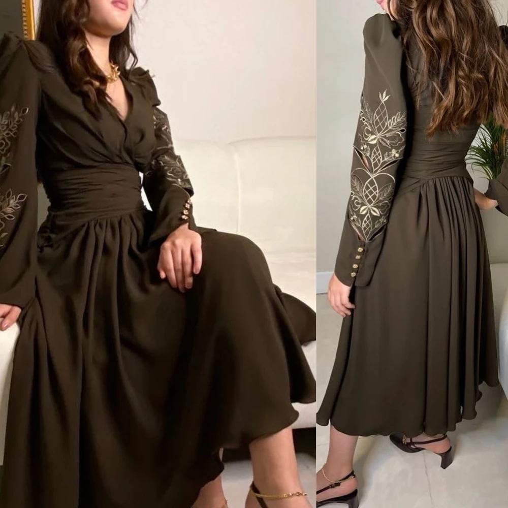 

Customized Jersey Pattern Pleat Cocktail Party A-line V-neck Bespoke Occasion Gown Midi es