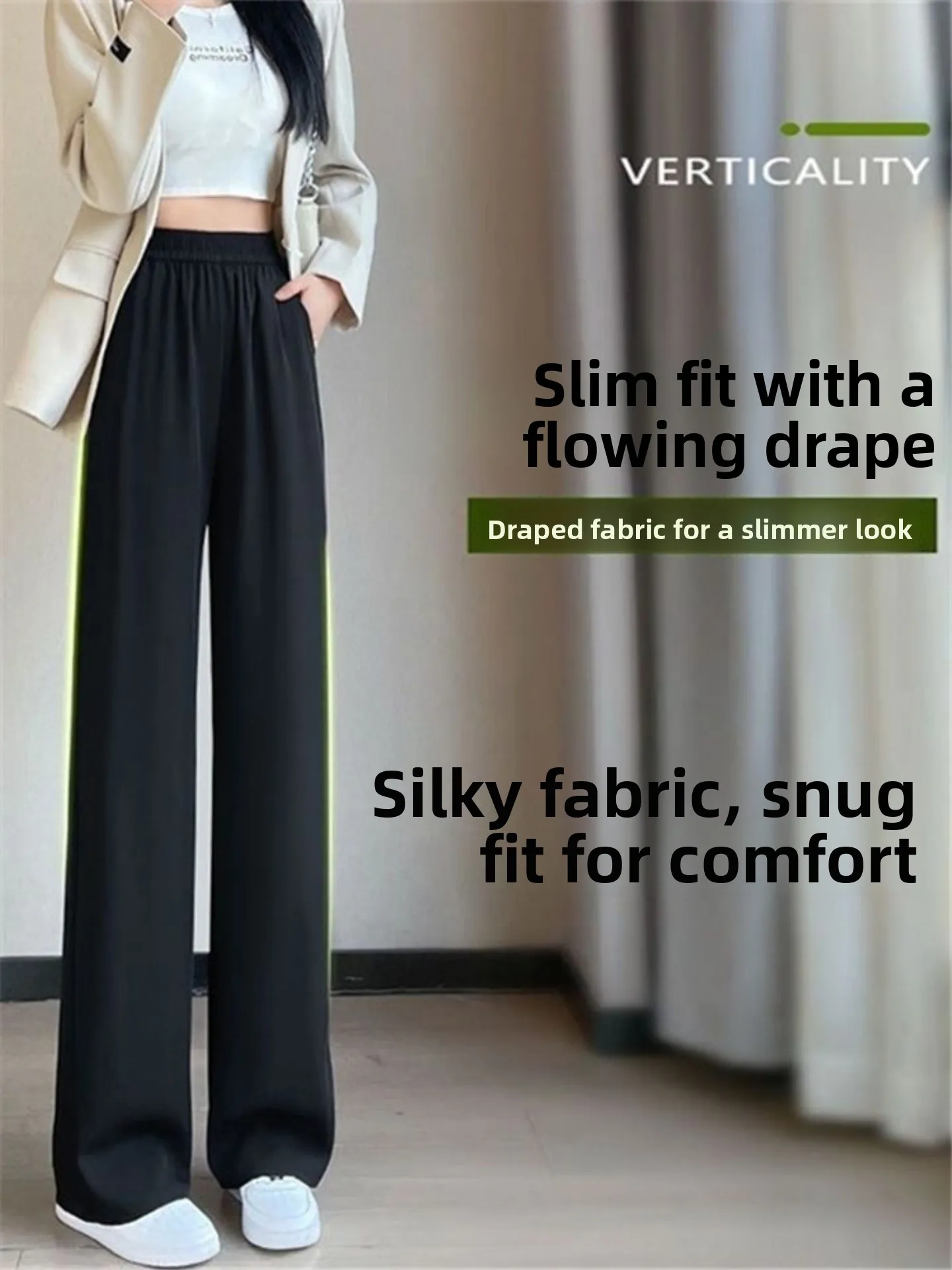 Slim Wide Leg Pants Women's Casual Drapey High Waist Loose Fitting Elastic Waist Straight Leg Pants Spring Autumn New Style