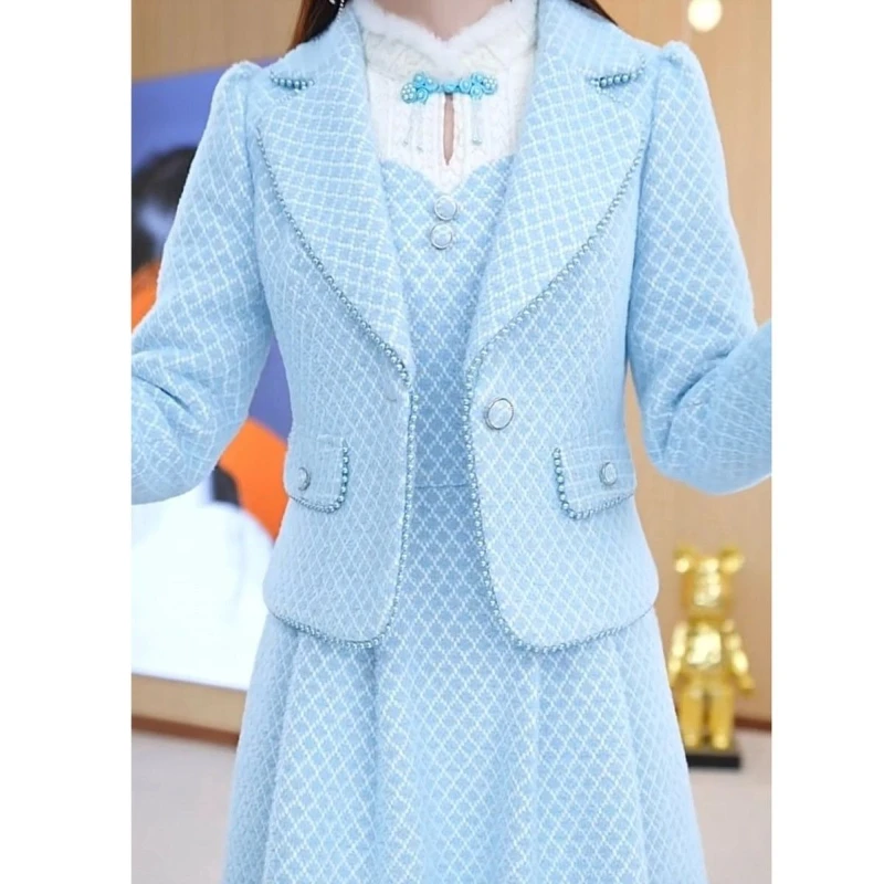 Moda terno colarinho jaqueta de emagrecimento + colete saia feminina outono 2025 novo elegante e engrossado conjunto de duas peças