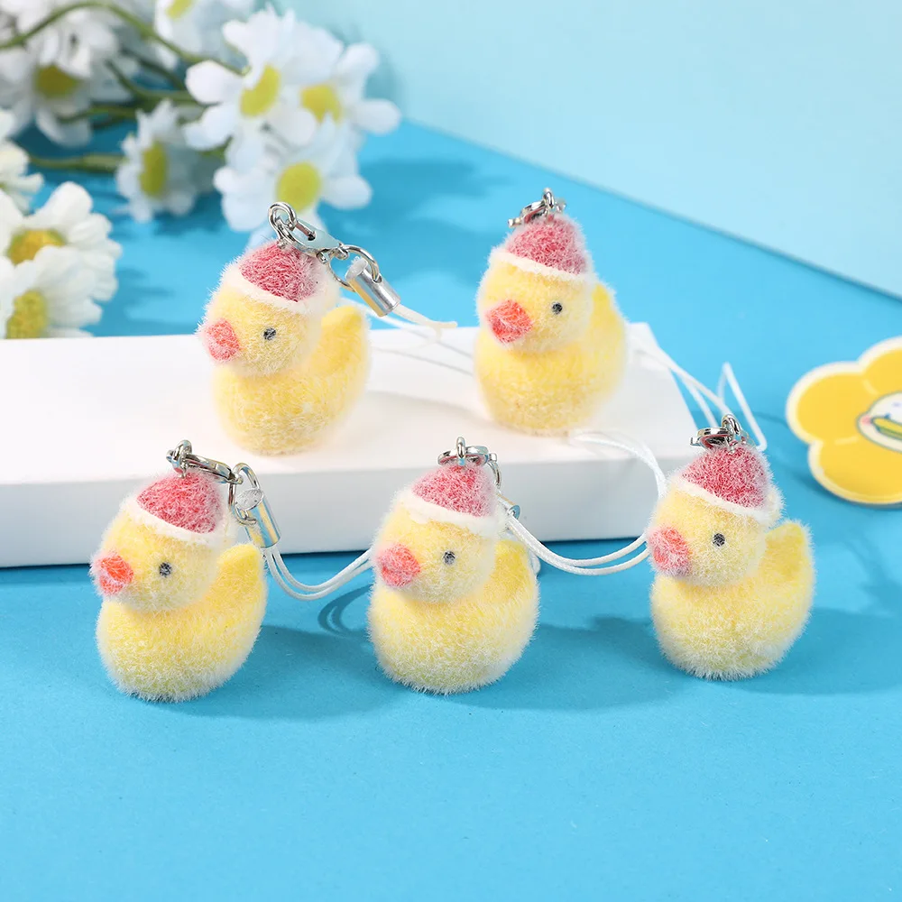 1Pcs Resin Flocked Christmas Mini Duck Pendant Keychain Phone Strap Bag Accessory